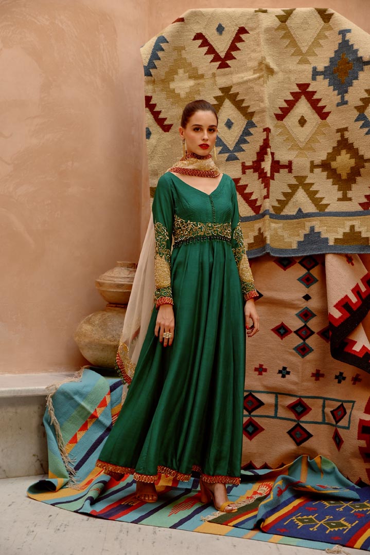 Image of Emerald Green anarkali, pants and dupatta set