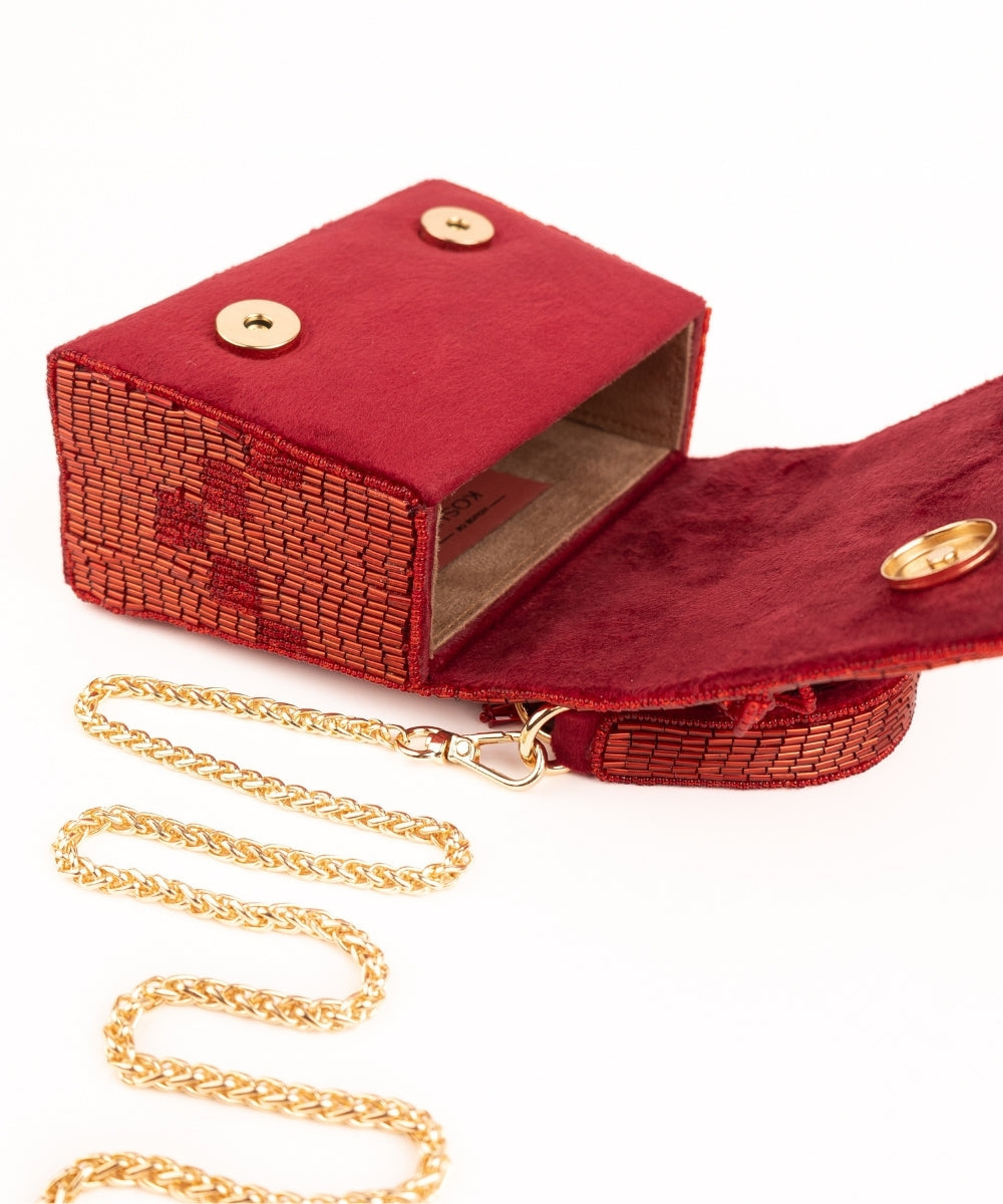 Bushra Red Suede Handcrafted Box Bag