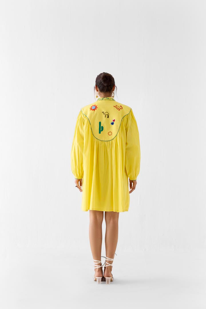 Peela Mulmul Hand-Embroidered Yellow Summer Dress with Potli Buttons