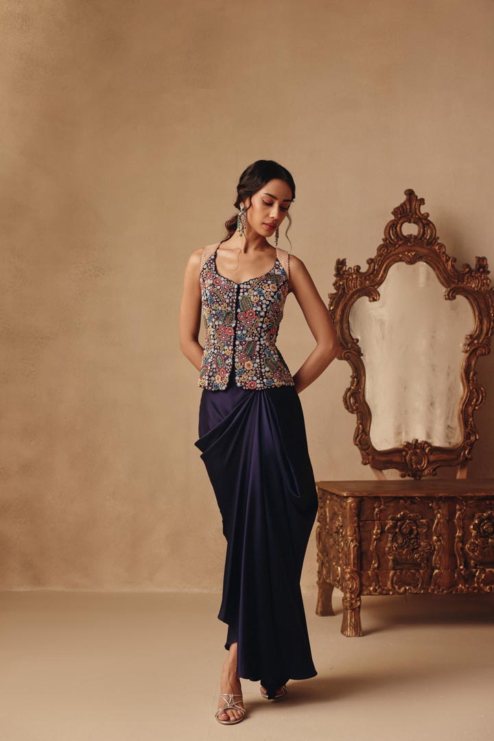 Elegant Dhoti Skirt with Long Blouse Hand embroidery Dori Back