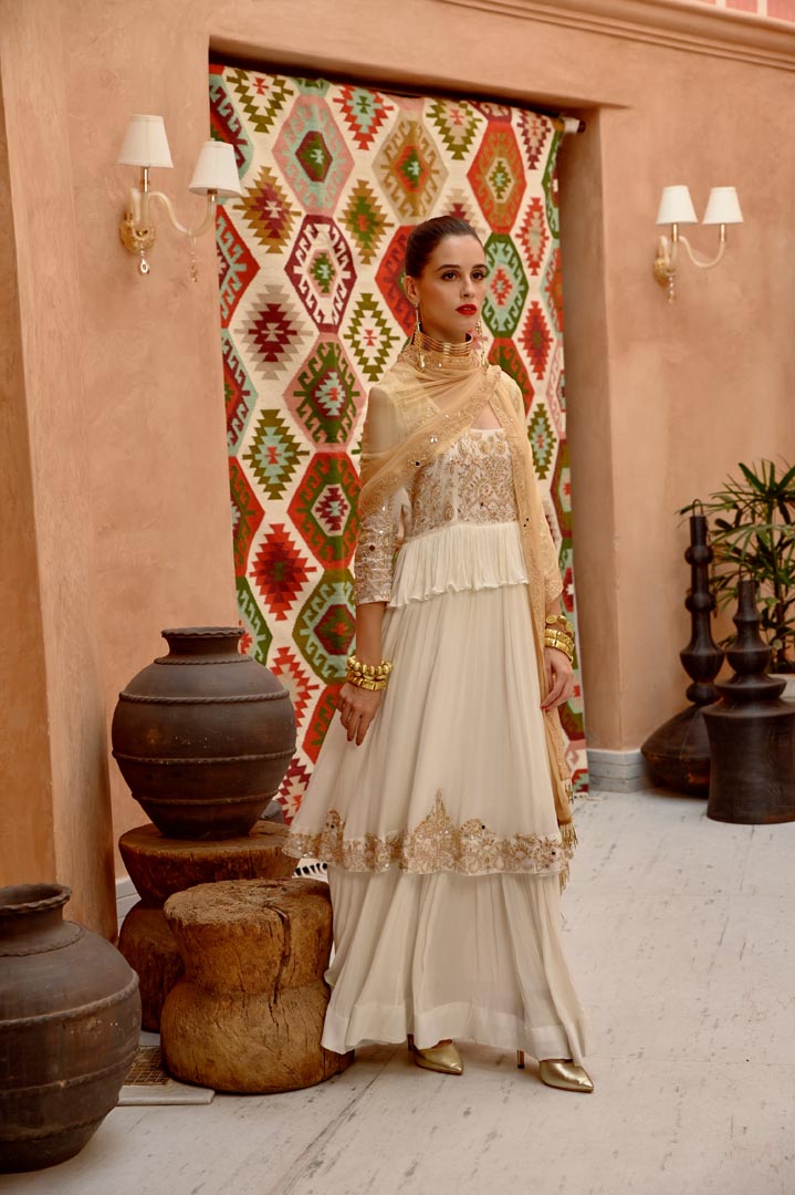 Image of Ivory  tier anarkali with churidar dupatta