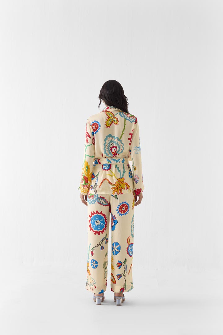 Sanganer Print Vegan Silk Blazer Shirt and Trousers Co-ord Set