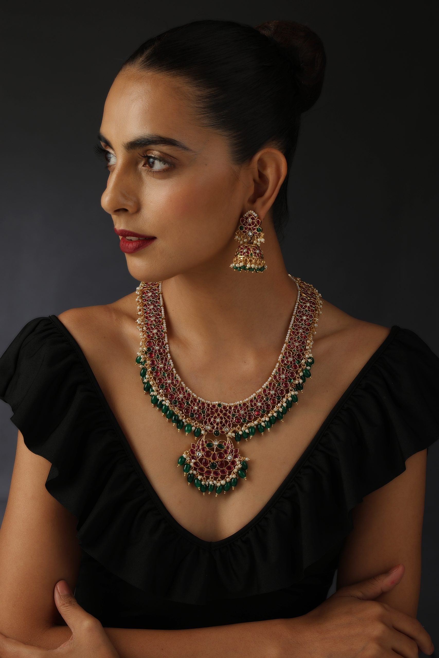 Red and Green Jadau Kundan Necklace Set