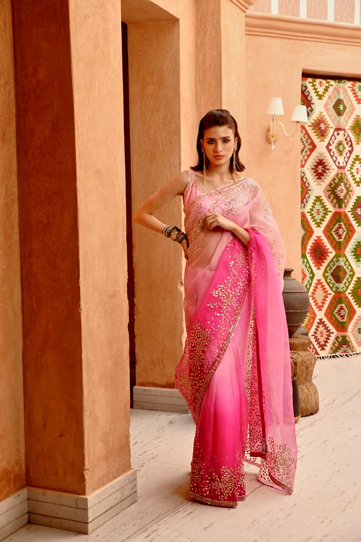 Image of Rose pink ombre saree and blouse set