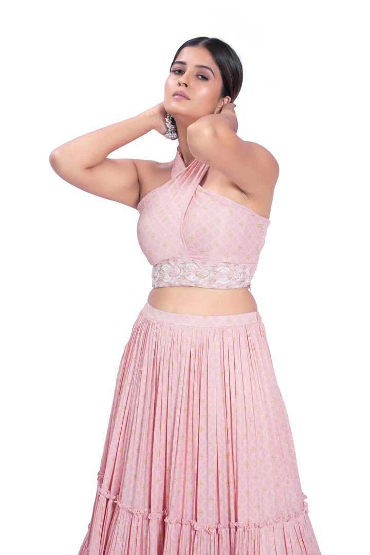 Peach Viscose & Satin Layered Printed Skirt Set