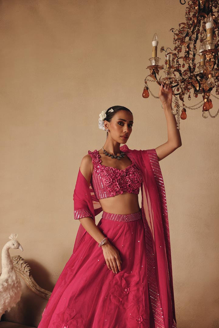Hand Embroidered Elegant Pink 3D Flowers Lehenga Set