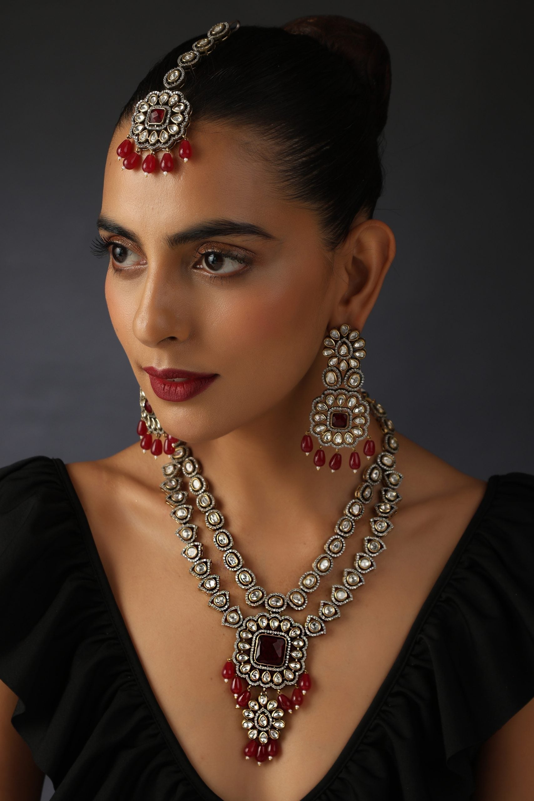 Red Rhodium Tone Polki Necklace Set with Maang Tikka