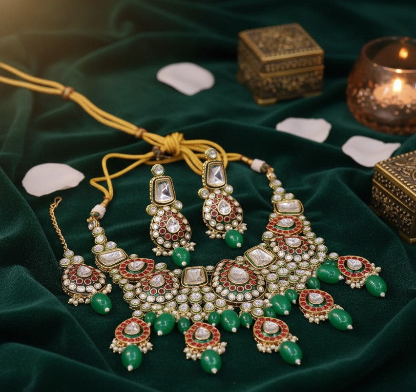Rajwada Green Polki-Meena Necklace Set