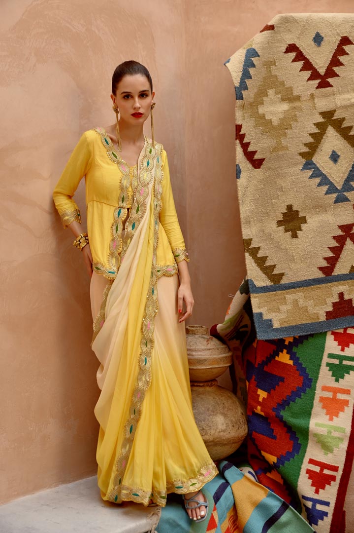 Image of Butterscotch yellow ombre saree with kurti blouse.