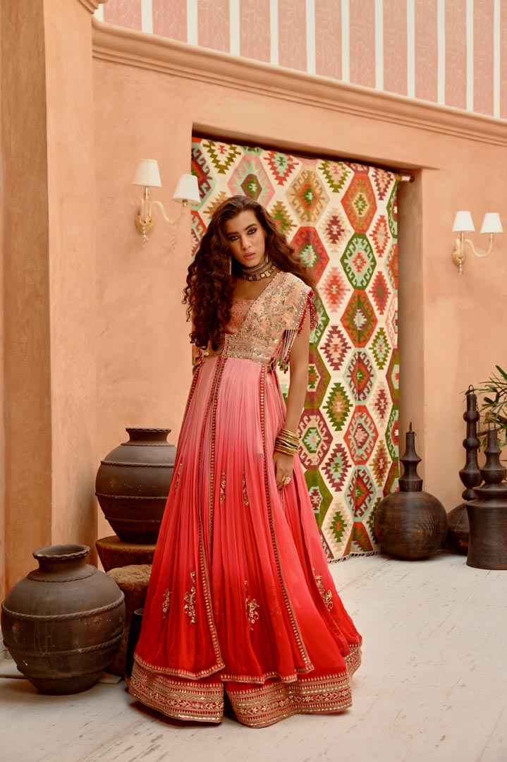 Image of Aleah coral ombre set with longline jacket with crop inner and ruched lehenga.