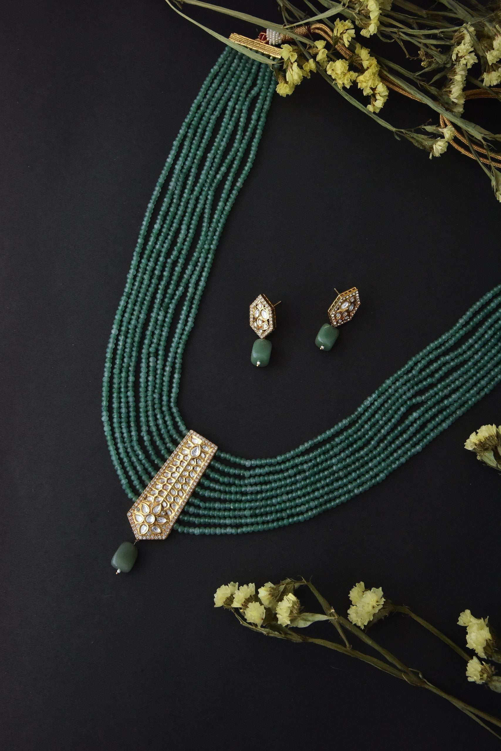 Green Gold Tone Long layered Necklace Set