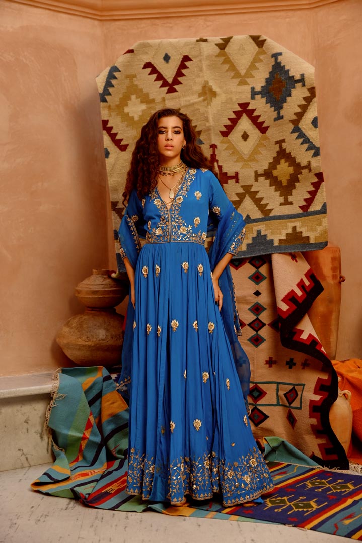 Image of Cobalt Blue front open anarkali Jacket set with pant and dupatta