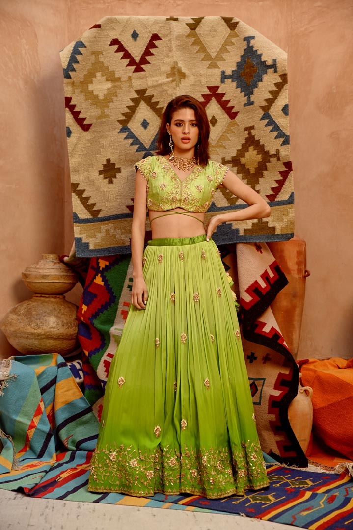 Image of Lime green ombre ruched lehenga with blouse and dupatta