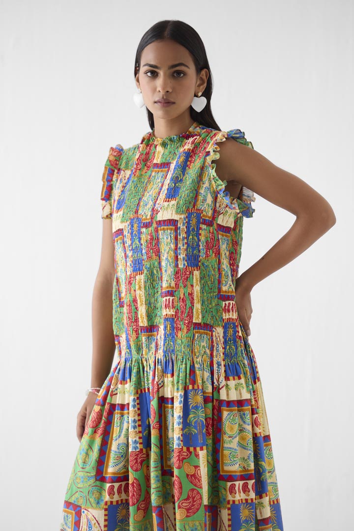 Johari Ruching Cotton Dress - Patchwork Print Summer Maxi Dress