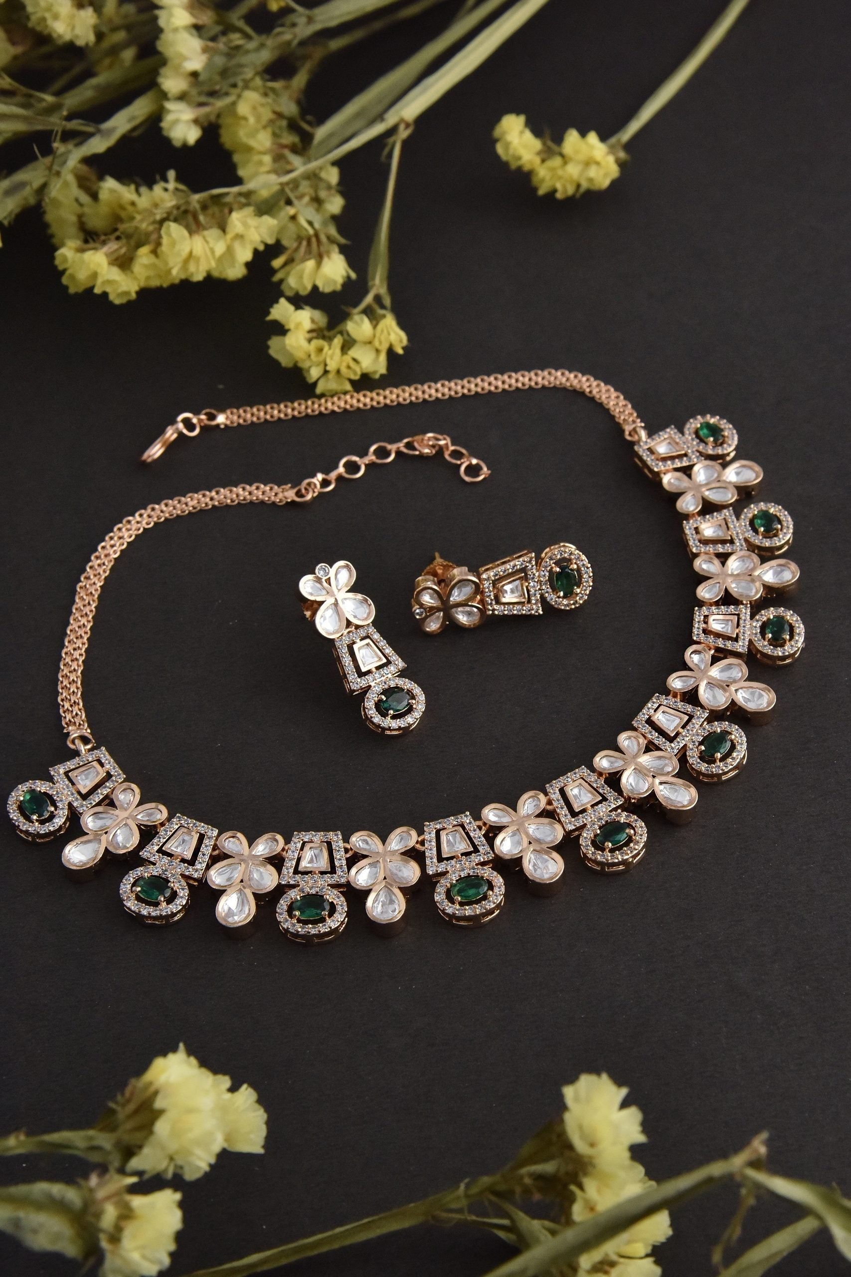 Green Rose Gold Tone Polki Necklace Set