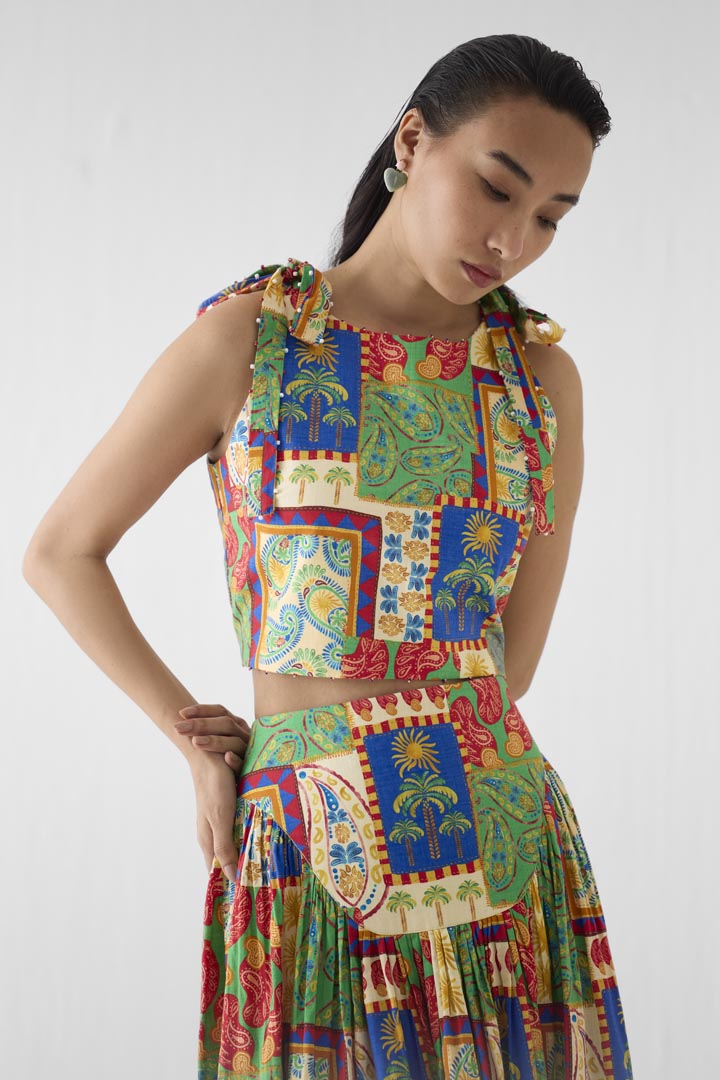 Johari Patchwork Print Cotton Crop Top and Gathered Skirt Co-ord