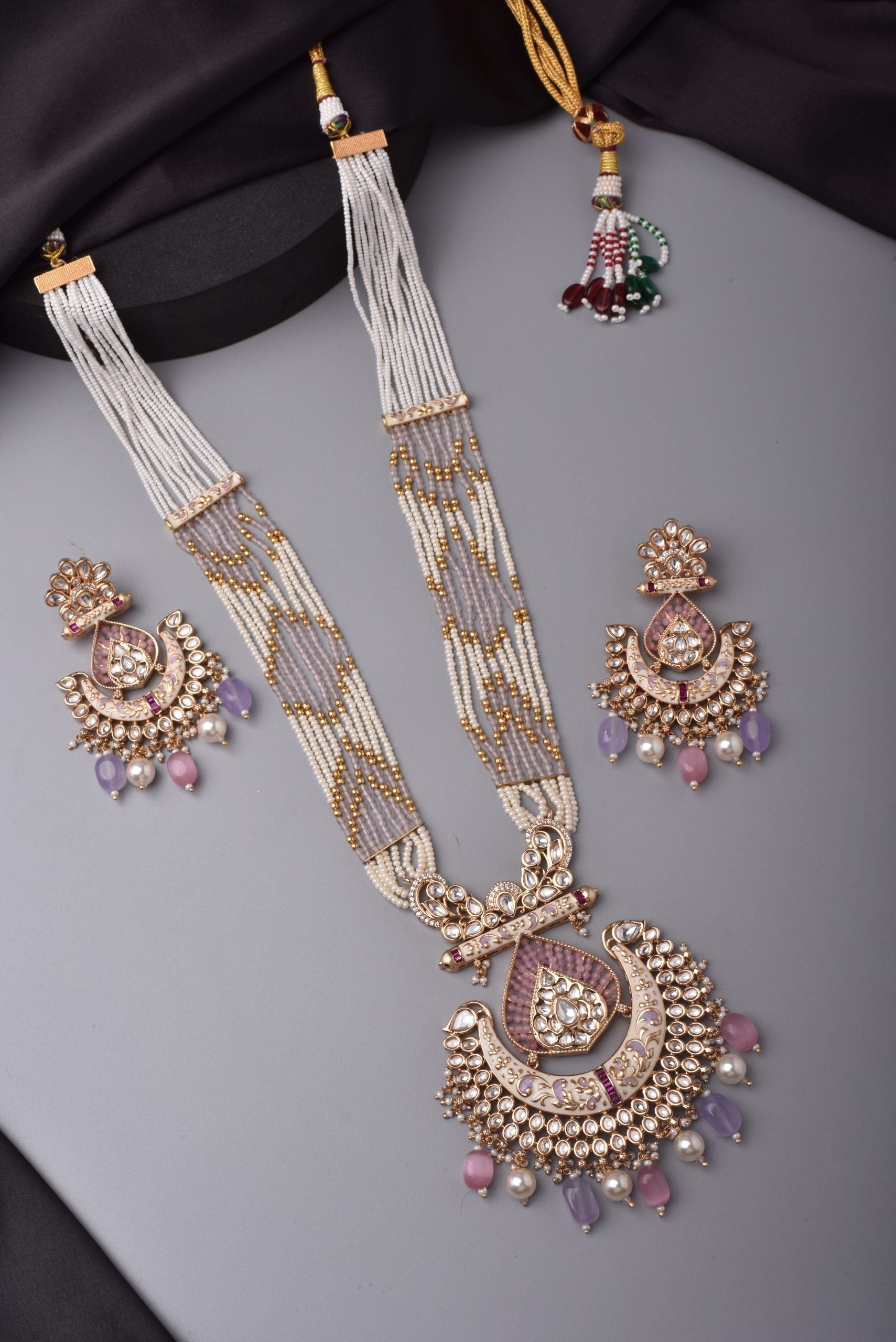 Violet Gold Tone Polki and Pearl Long Necklace Set