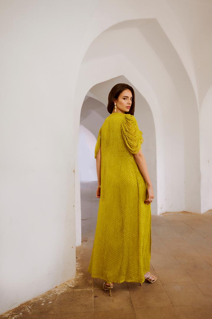 Image of Gulbahar Lemon Green Cowl Jumpsuit with chiffon Jacket & belt set.