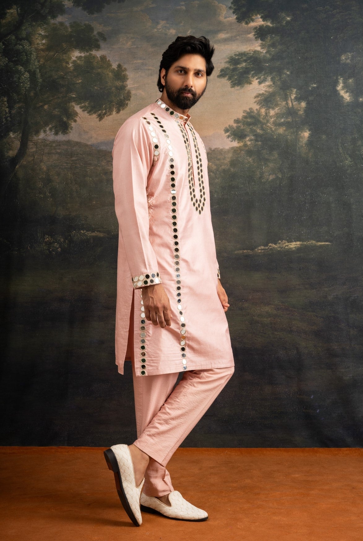 clay pink full hand embroidred mirror work kurta set