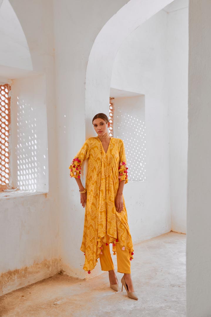 Image of Gulbahar Marigold Yellow  tassel tunic pant set