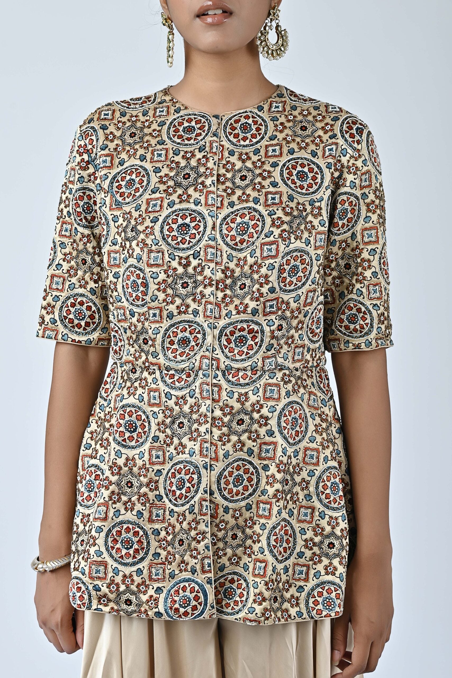 Ajrakh embroidered peplum top with flare pants