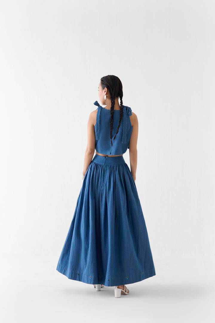 Indigo Embroidered Denim Crop Top & Gathered Skirt Co-ord Set