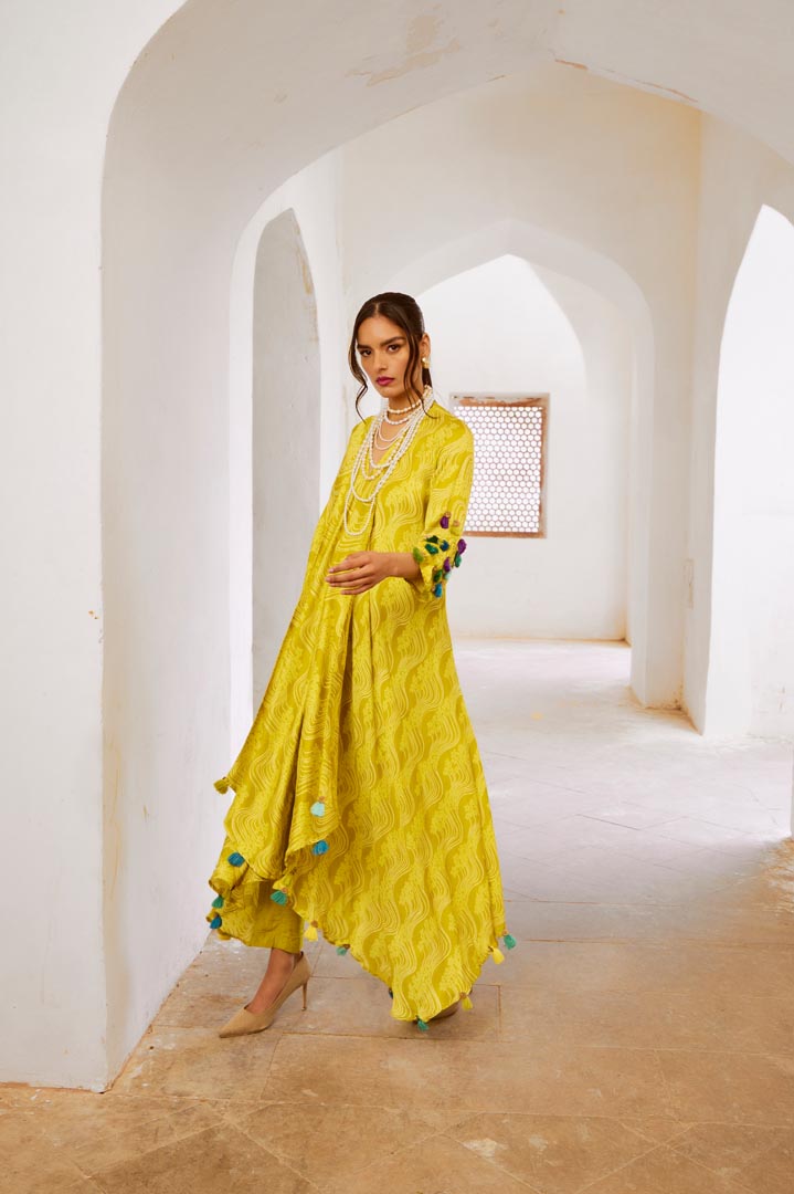 Image of Gulbahar Lemon green tassel tunic pant set