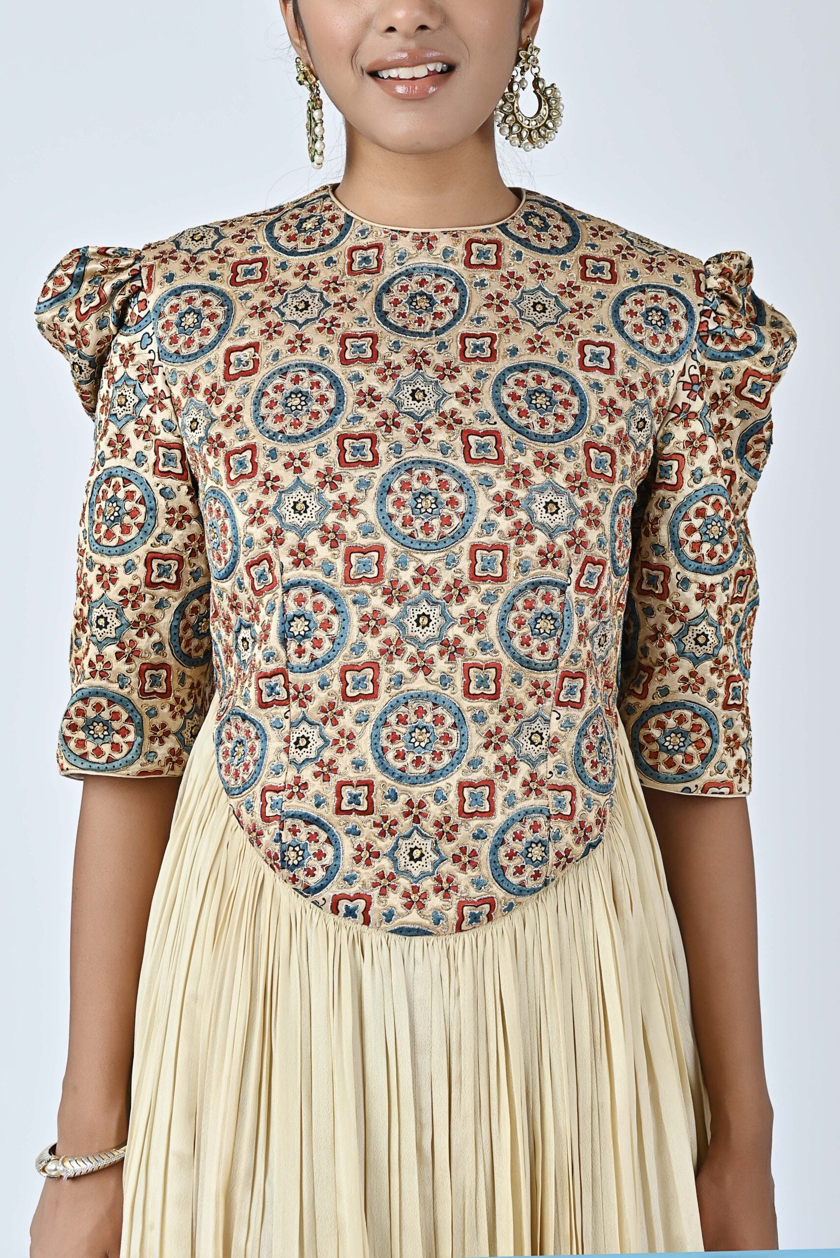 Ajrakh embellished gathered dress
