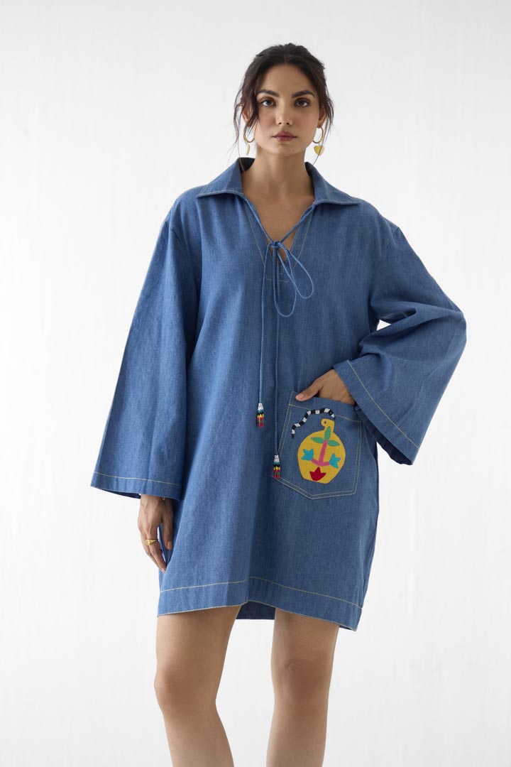 Indigo Short Dress in Faded Cotton Denim with Patchwork Detail