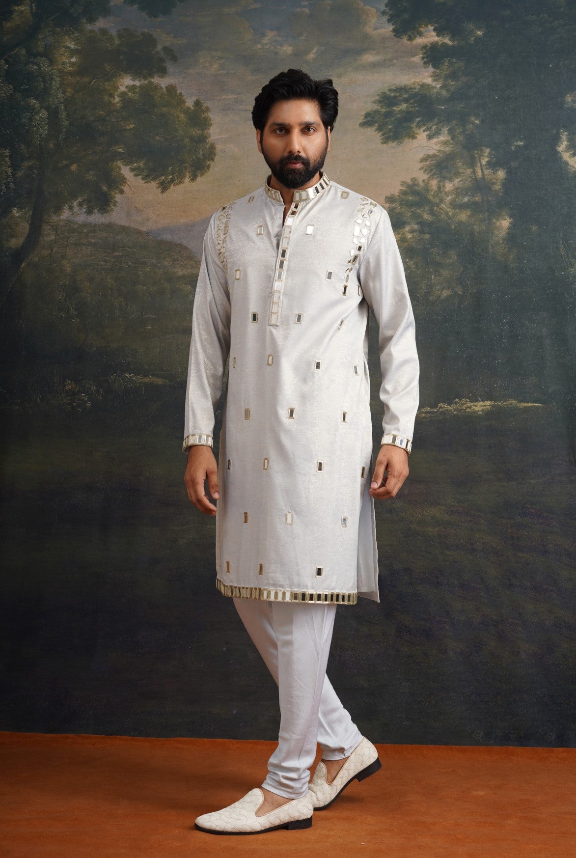 Frost grey gold fully hand embroidered mirror kurta set