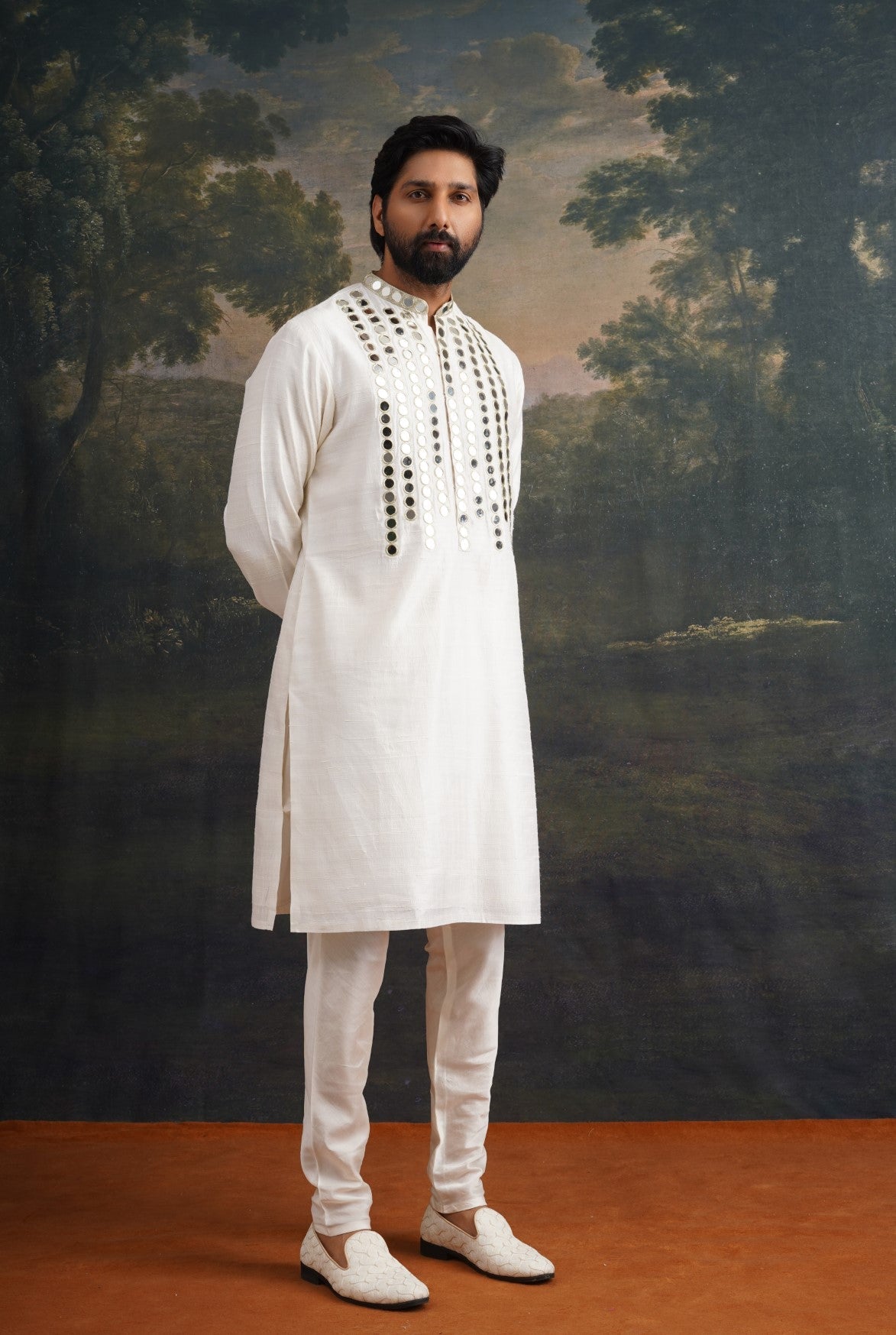 Hand embroidered ivory Mirror Work Kurta with Matching pant