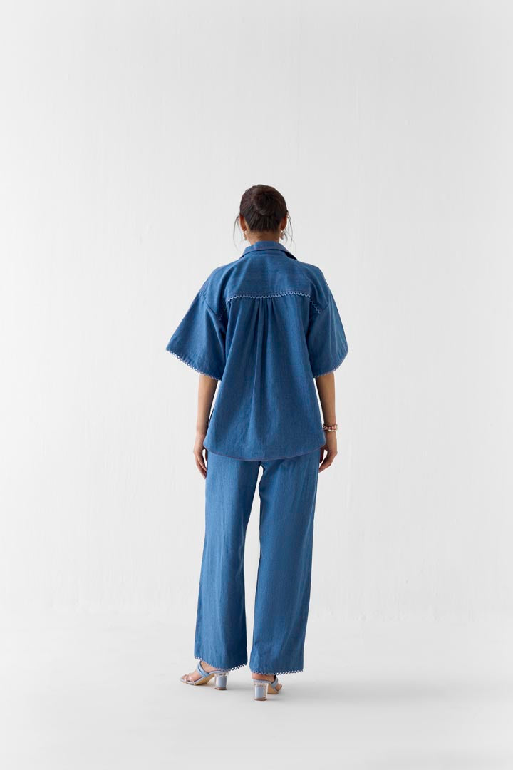 Indigo Patchwork Denim Co-ord Set: Luxury Hand-Embroidered Outfit