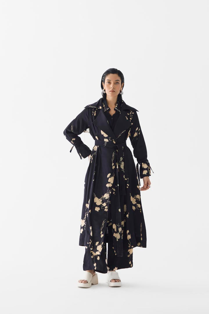 Black Sakura Vegan Silk Trench Coat - Premium Floral Outerwear