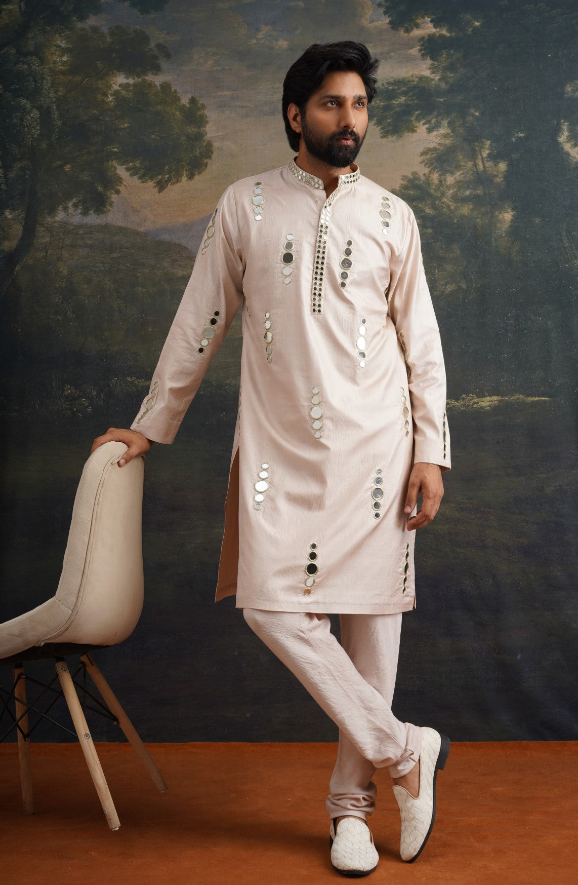 Beige hand embroidered Mirror Work Kurta with Matching Pant