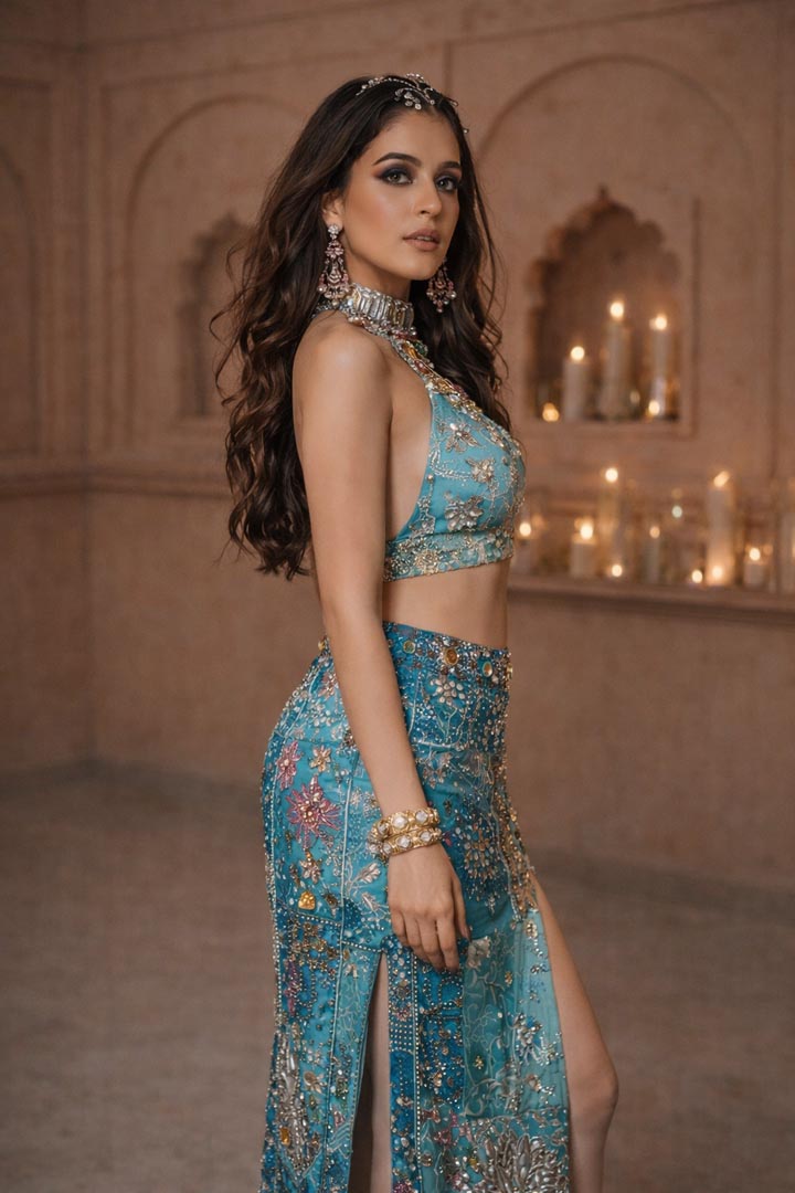 Dazzling Blue Embellished Skirt & Bustier Set for Royal Occasions