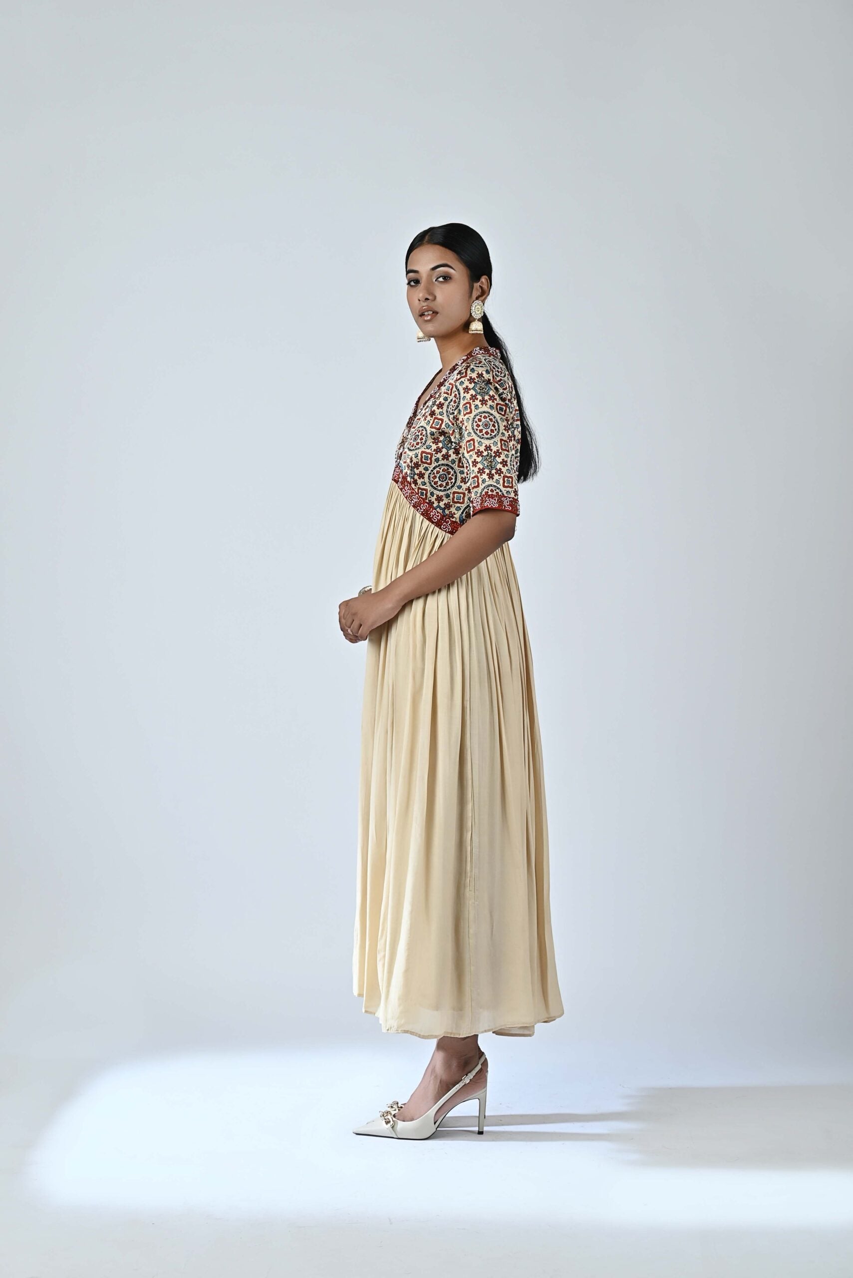 Ajrakh embellished v neck gathered dress