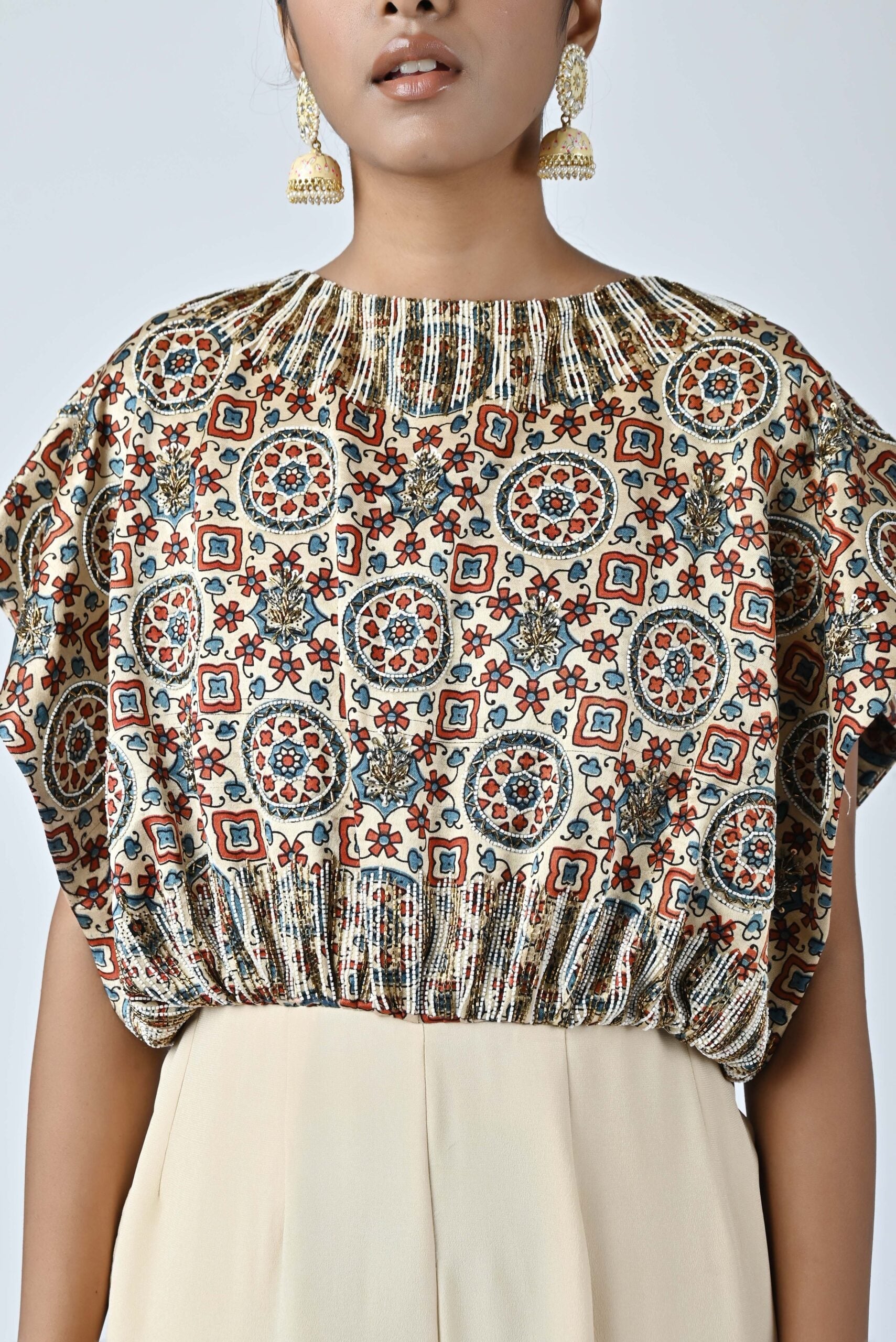 Beige embroidered ajrakh jumpsuit