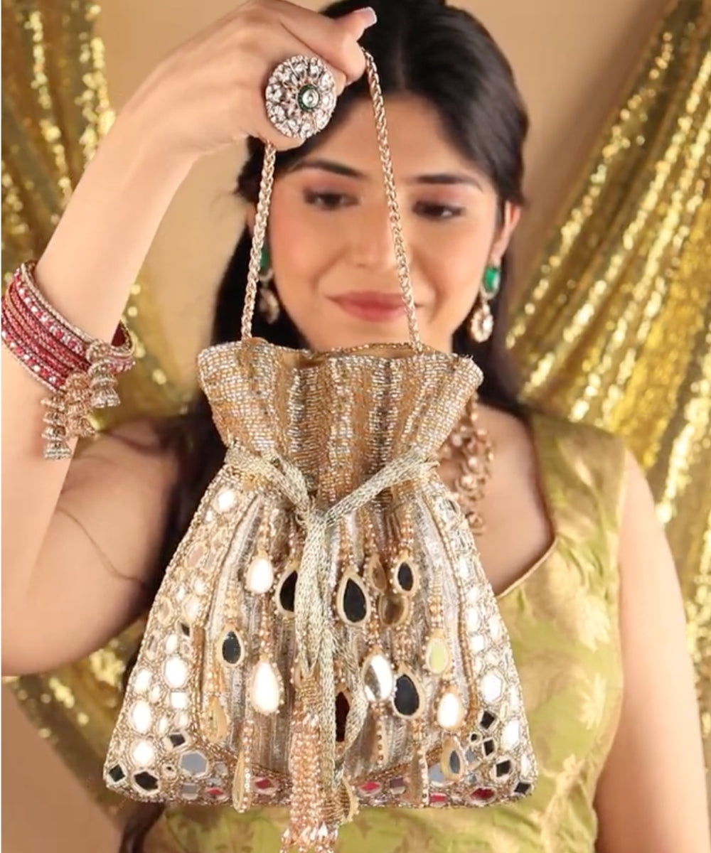 Noorah Gold Georgette Mirror Handcrafted Potli