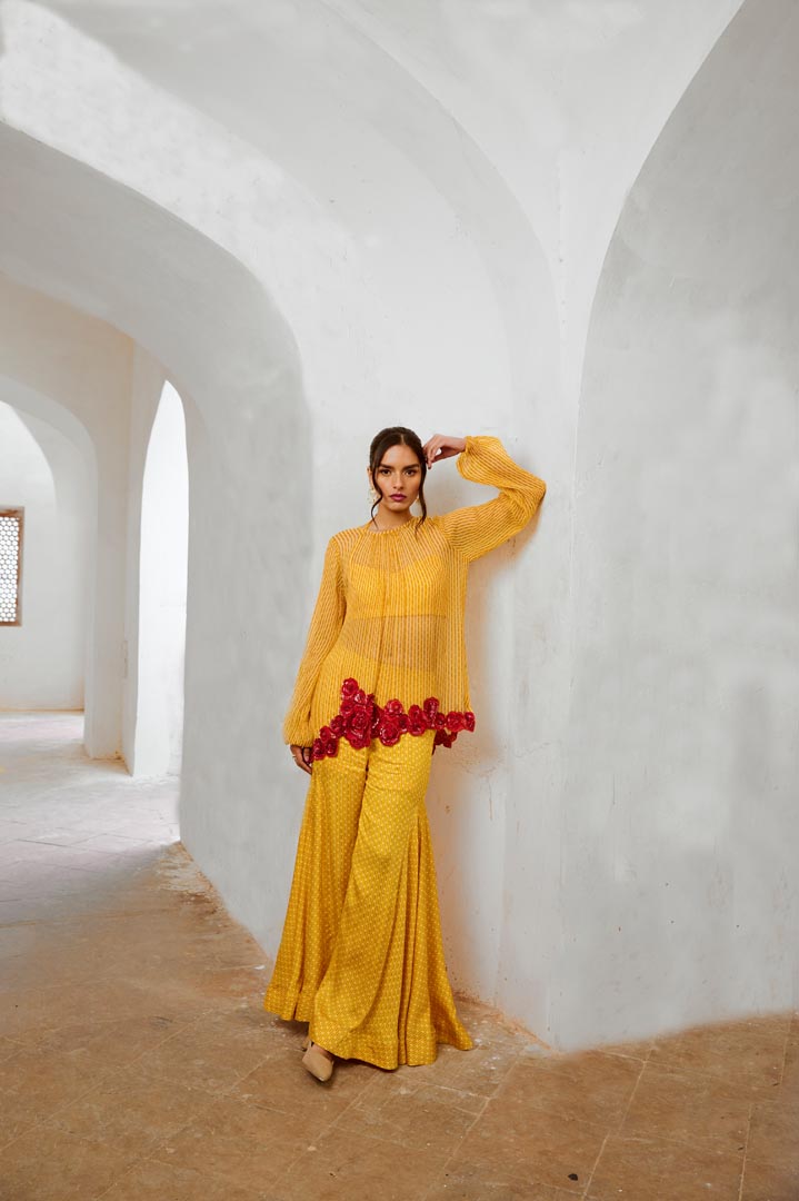 Image of Gulbahar Marigold Yellow Gulaab tunic set with  Bell Bottoms and inner