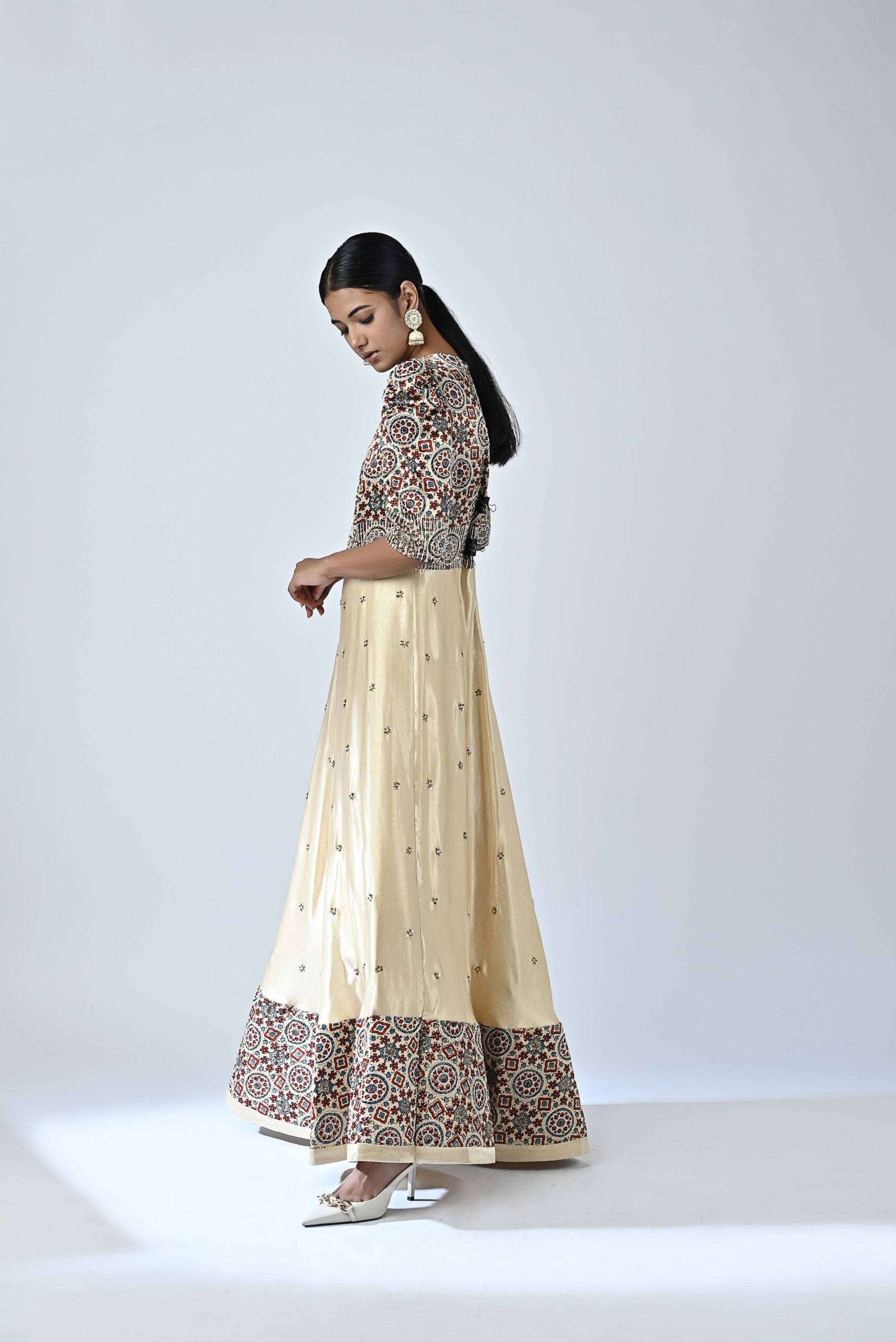 Ajrakh embroidered puffed sleeve anarkali