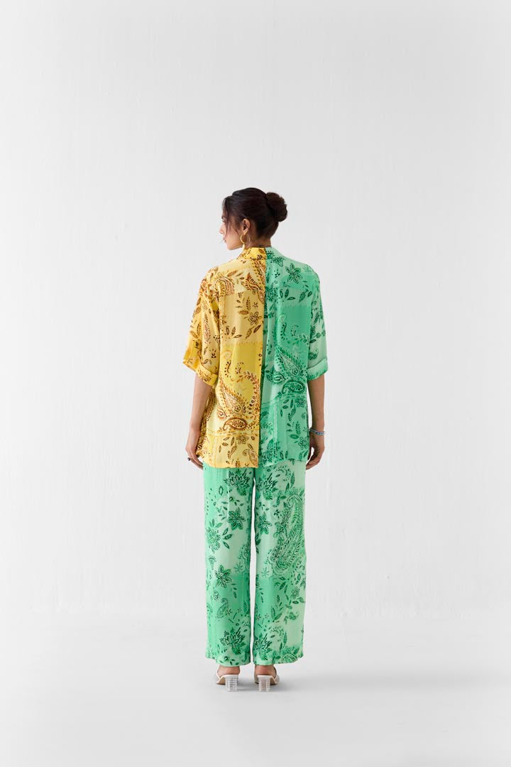 Buta Half and Half Shirt & Trousers Vegan Silk Co-ord Set in Green