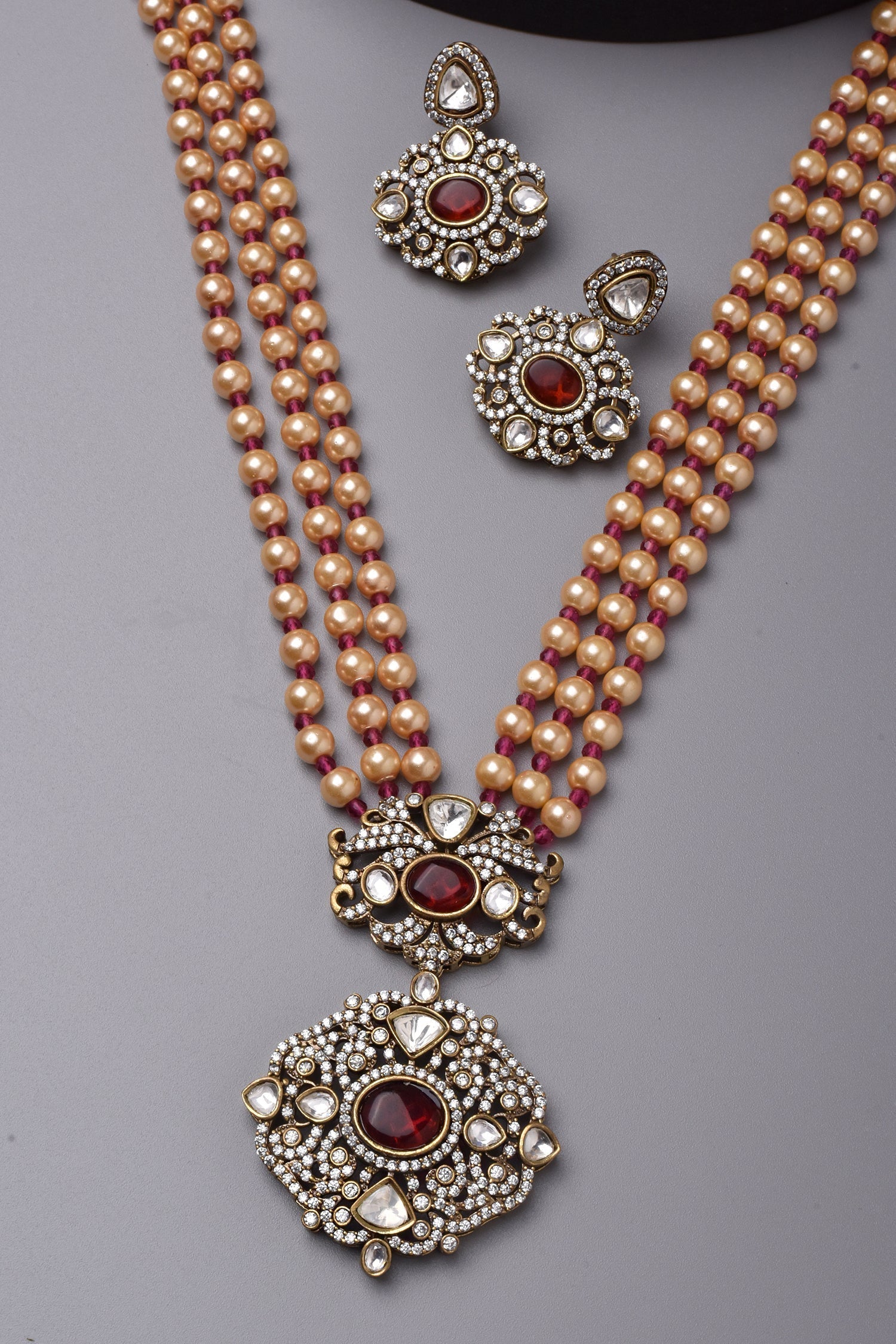 Red Victorian Polki Long Necklace Set