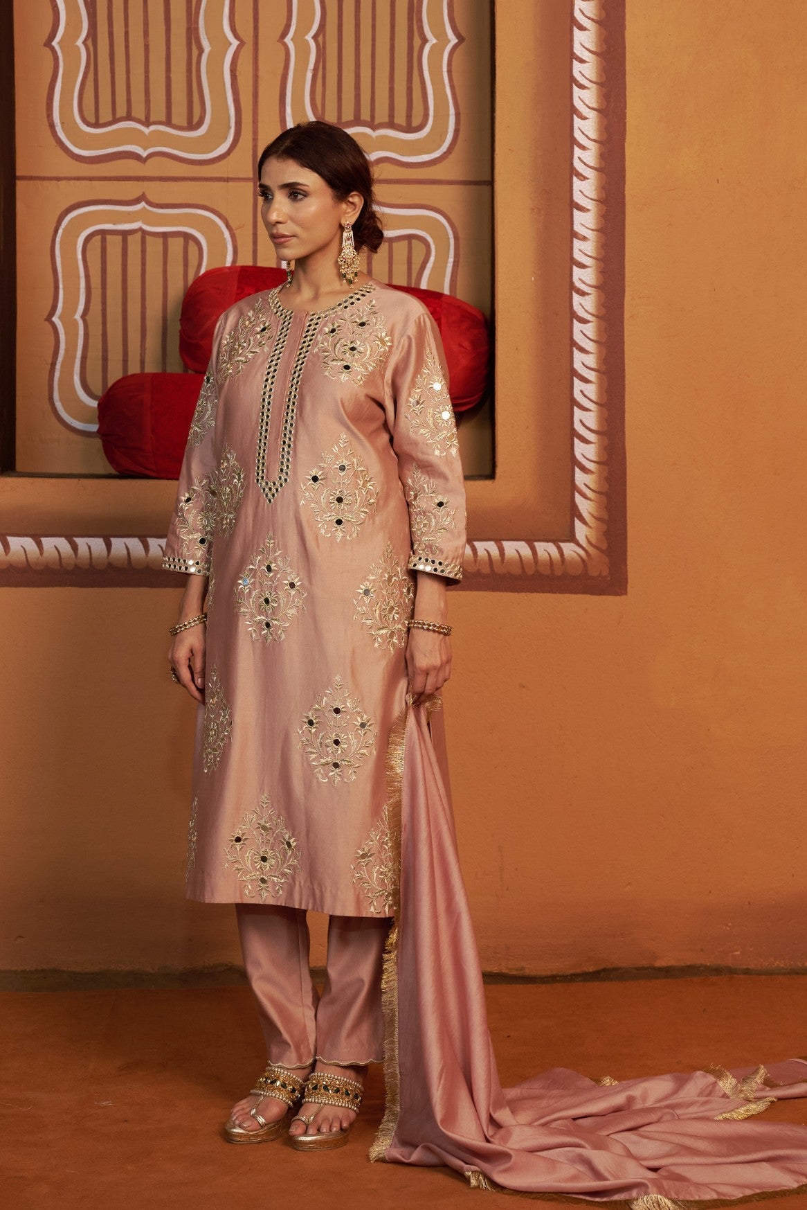 Maati - Onion pink jari buttis with mirror work kurta set