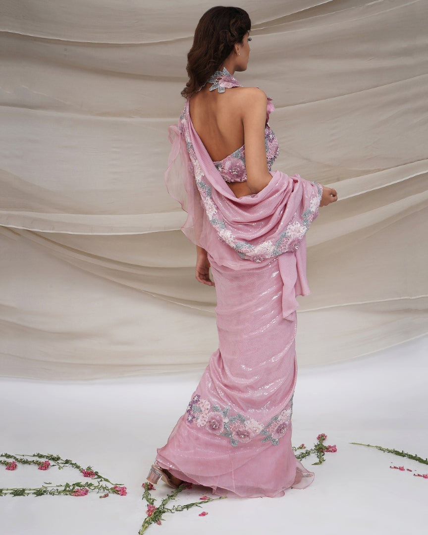 Pink Floral Sequin Sari