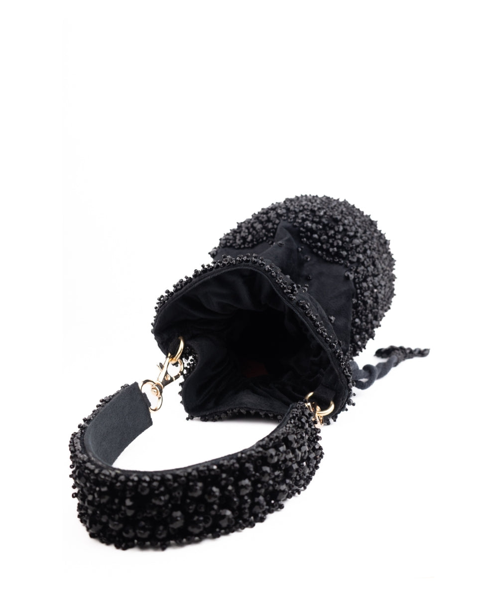 Zaria Black Suede Crystal Embellished Bucket Bag