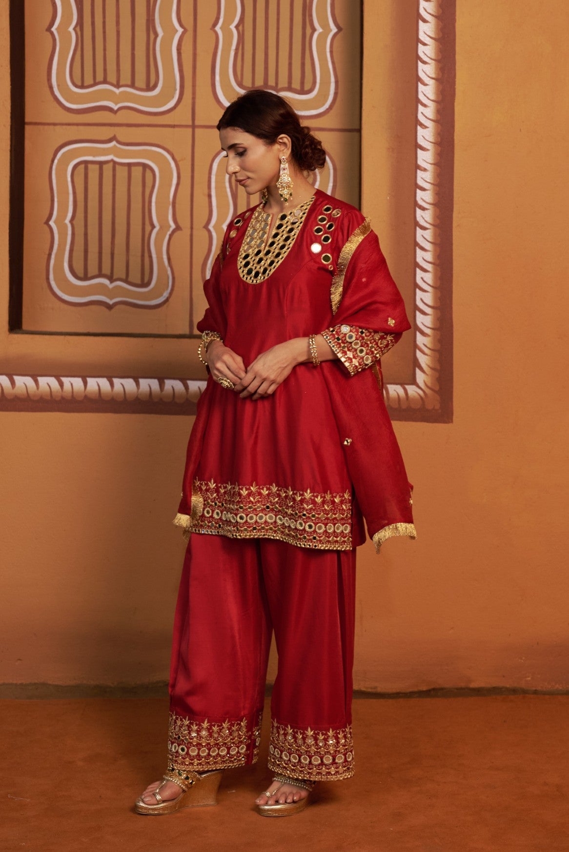 mirror work hand embroidry  red kurta set
