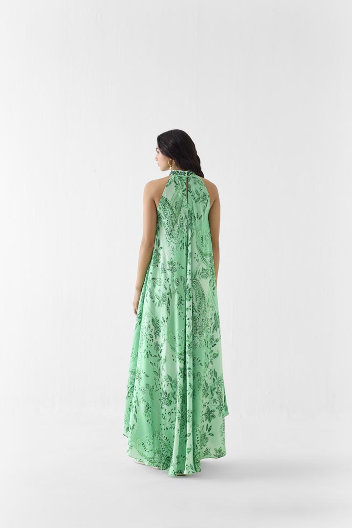 Buta Print Vegan Silk Halter Maxi Dress - Jaipur Heritage Inspired