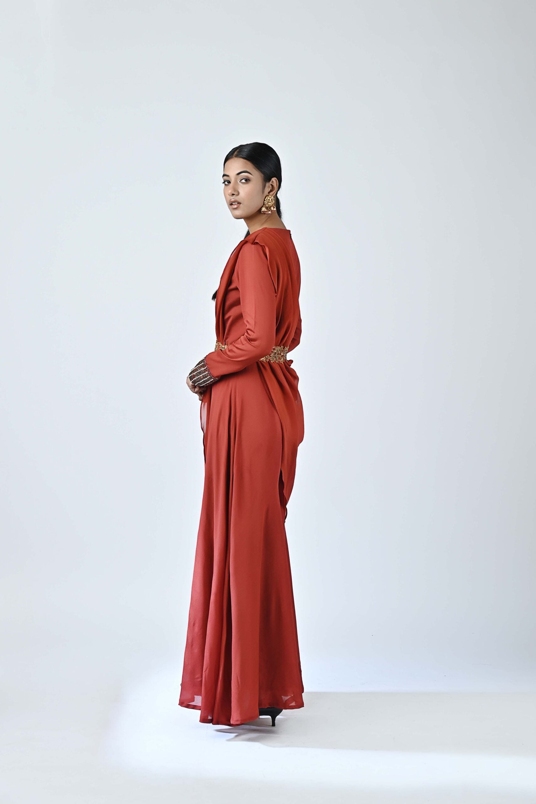 Red embroidered drape pallu jumpsuit