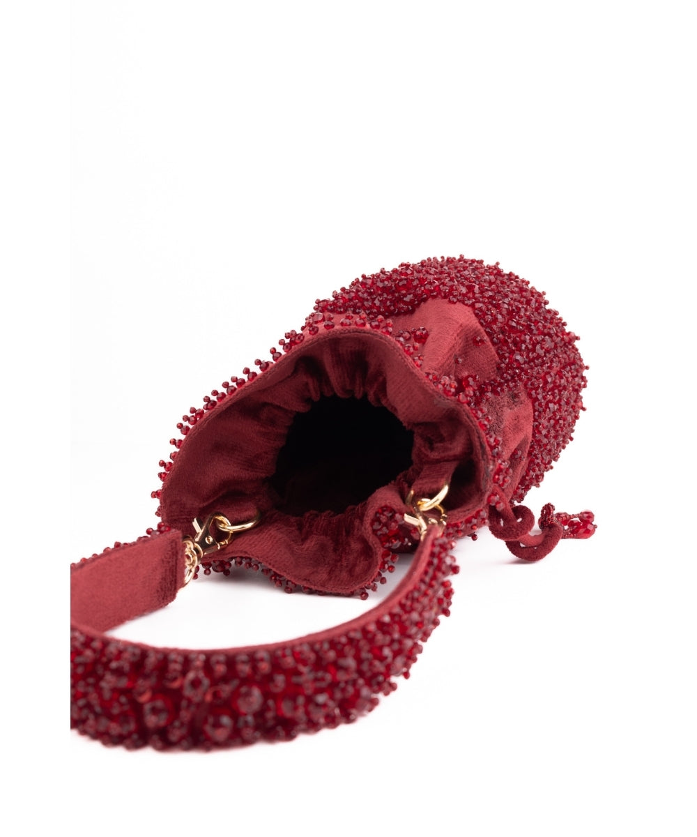 Zaria Maroon Suede Crystal Embellished Bucket Bag