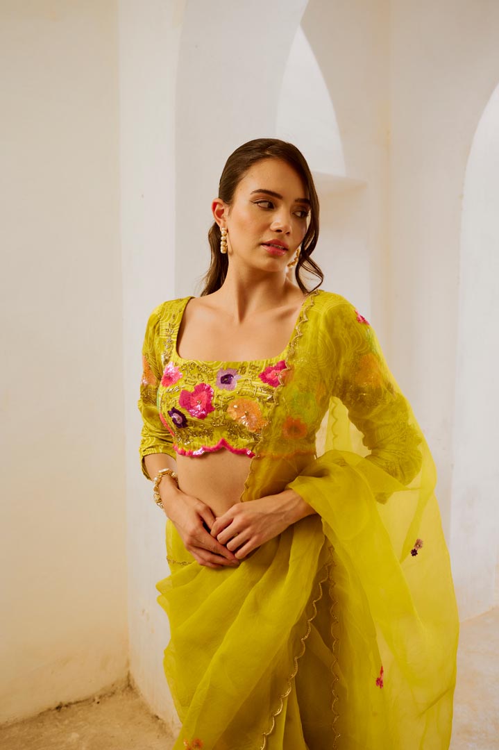 Image of Gulbahar Lemon Green dil-bagh saree blouse set